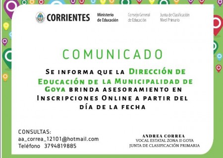 LA DIRECCIÓN DE EDUCACIÓN DE GOYA BRINDARÁ ASESORAMIENTO PARA LA INSCRIPCIÓN ONLINE A CONCURSO DE INGRESO N°40.